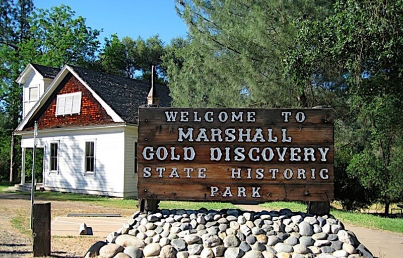 Marshall gold Discovery state Park sign and white building