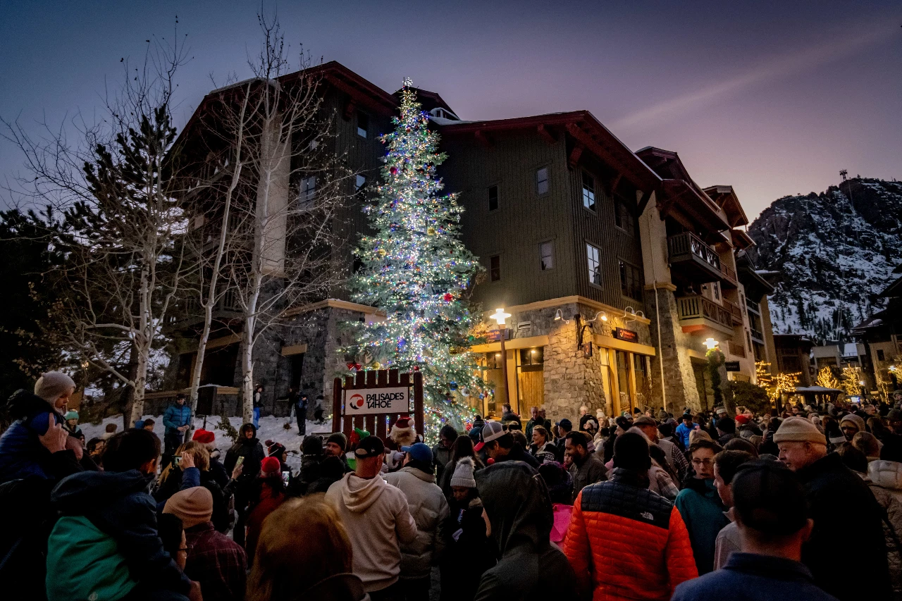 a crowd of people gather around a christmas tree in front of a building