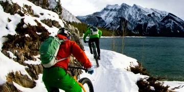 Winter bikers on trail